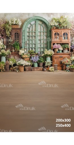 Tło fotograficzne „Miętowe łukowe okno wśród rustykalnych mebli i kwiatów” | E669